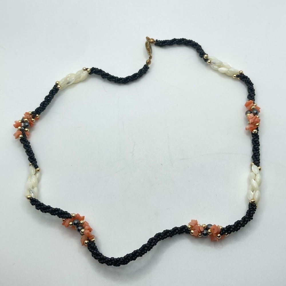 SEED Pearl Coral MOP Hematite Triple Strand Beaded Necklace Gold Tone Clasp 20”